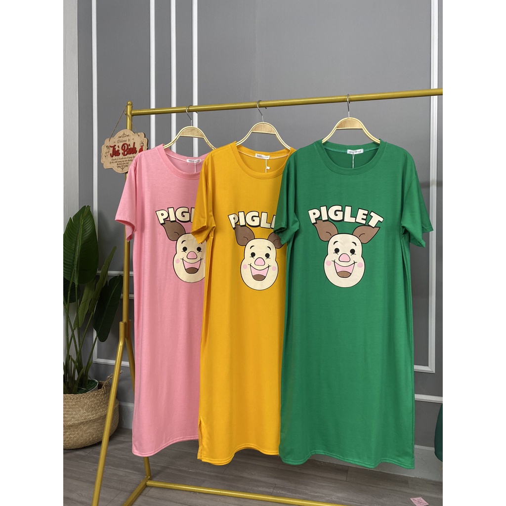 Đầm bầu suông PIGLET chất cotton thoáng mát váy suông dáng dài 3 màu đáng yêu