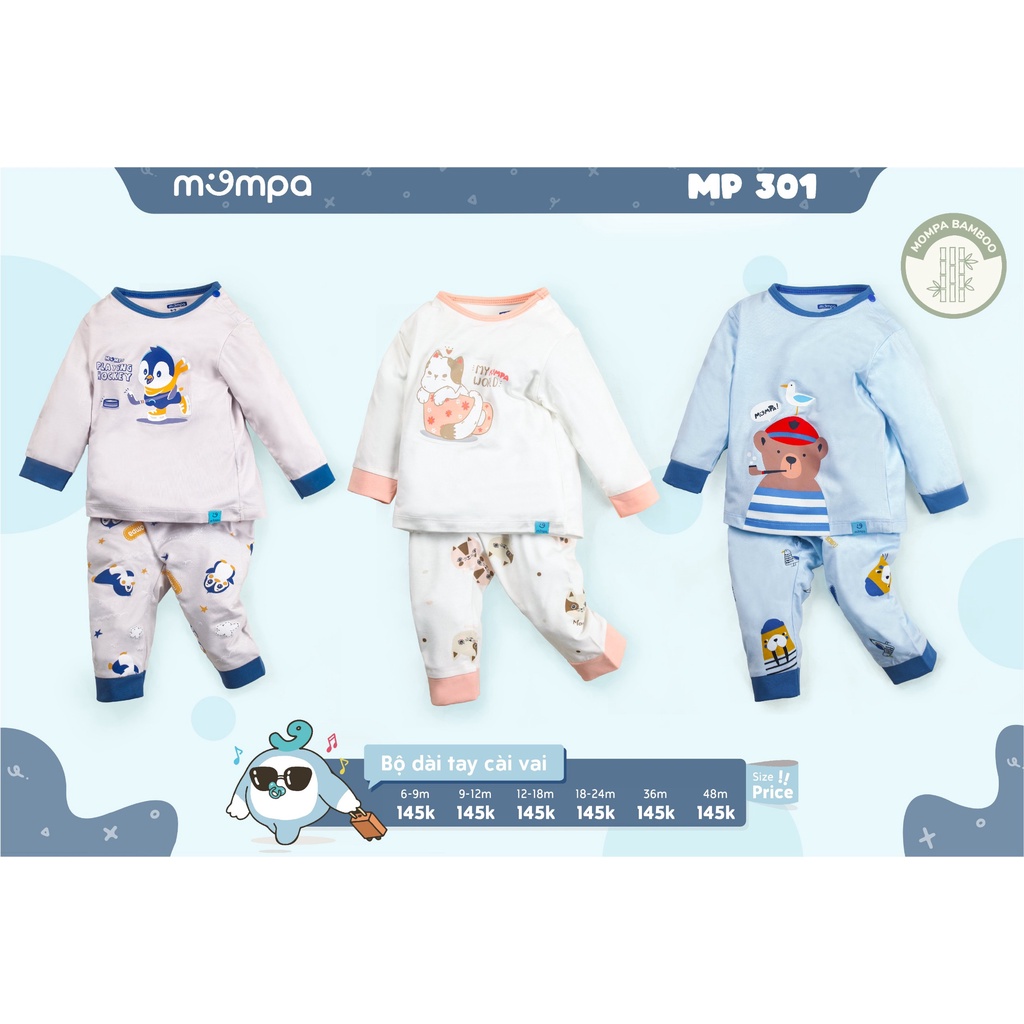 Bộ quần áo thu đông trẻ em Mompa từ 6-48M dáng dài tay cài vai MOMPA MP301 - Chất liệu Bamboo thoáng mát