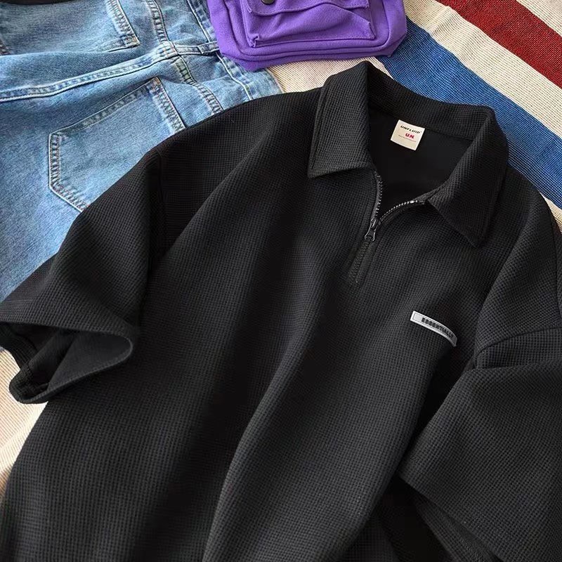 Áo polo Ngắn Tay Dáng Rộng Màu Trơn Phối Khóa Kéo Thời Trang Unisex