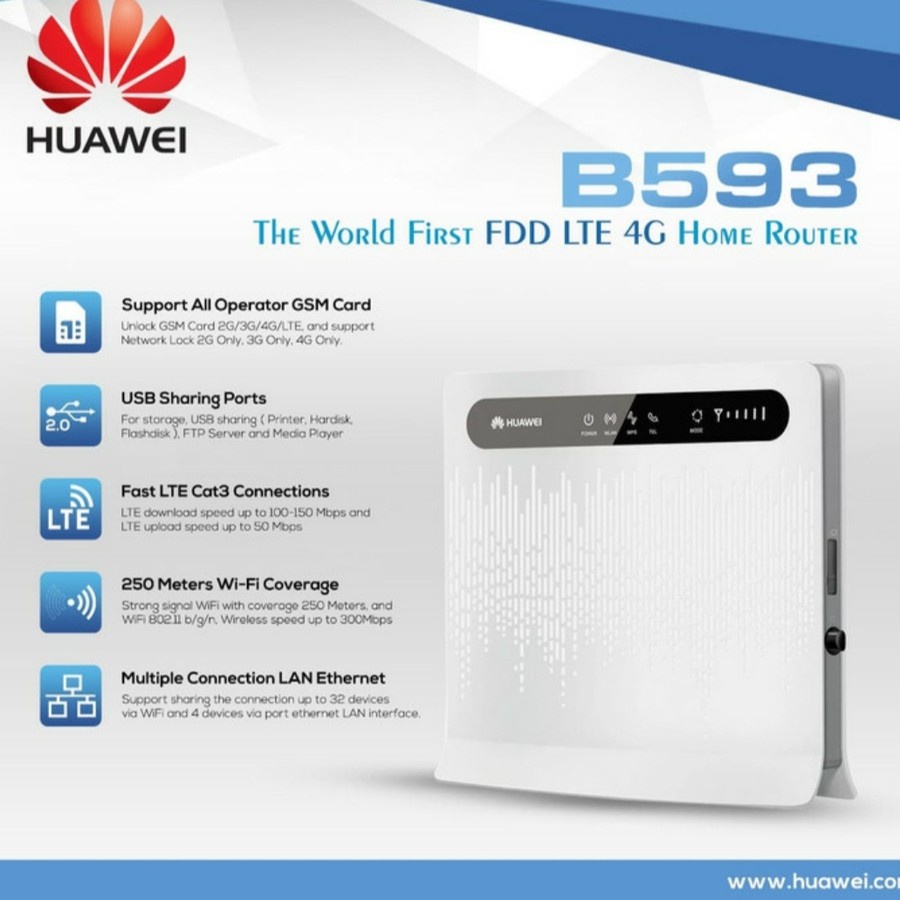 Bộ Phát wifi Huawei B593u-12 | Bộ phát Wifi 3G/4G LTE 100Mbps, Chịu tải 32 máy đồng thời | Hàng Chính Hãng
