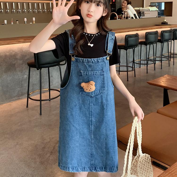 Set Áo Thun Ngắn Tay + Đầm Yếm Jeans Thời Trang Cho Bé Gái