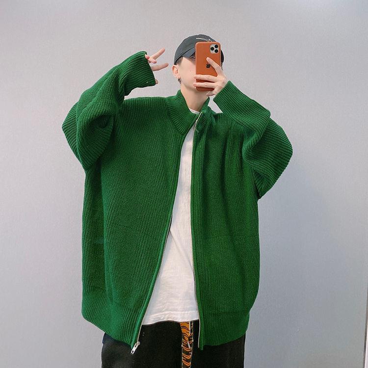 Áo sweater rộng rãi cổ áo đứng có dây kéo/Áo cổ lọ mặc thu đông cho nam