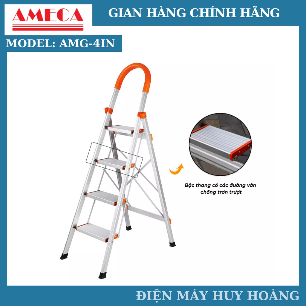 Thang nhôm xếp, thang ghế inox tay vịn 4 bậc Ameca AMG-4IN