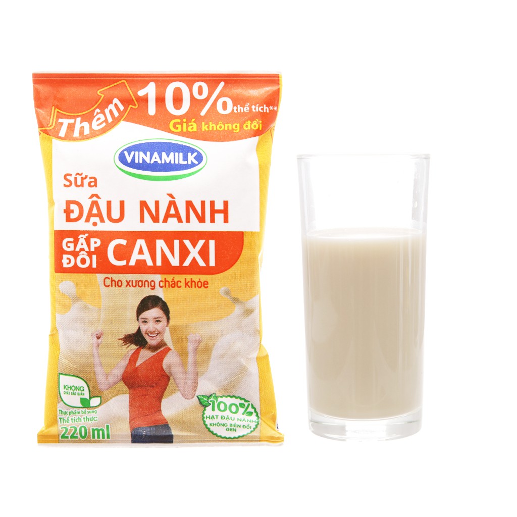 Lốc 10 bịch Sữa đậu nành Vinamilk gấp đôi canxi bịch 220ml
