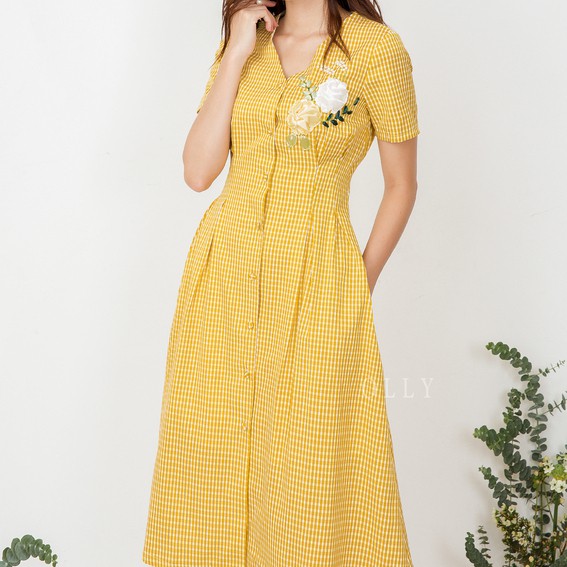 Đầm Caro Thêu Hoa, Dáng Váy Xòe Nữ Tính, Chất Đũi Thoáng Mát Cao Cấp Mã OLLY_OV19.006 | BigBuy360 - bigbuy360.vn