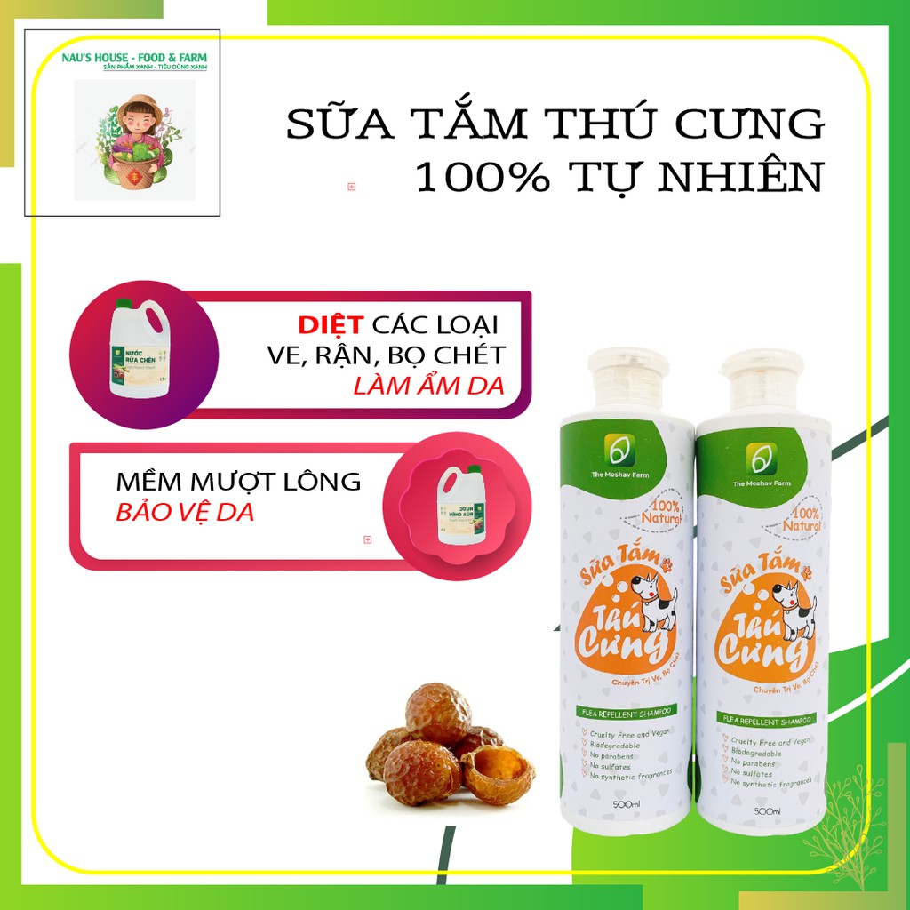 Sữa tắm chó mèo - Chiết xuất 100 tự nhiên - Diệt ve rận bò chét the Moshav Farm chai 500ml