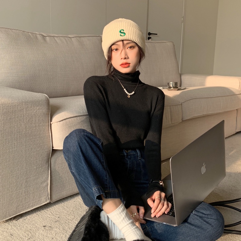 Áo dệt kim cổ cao màu sắc dễ phối đồ