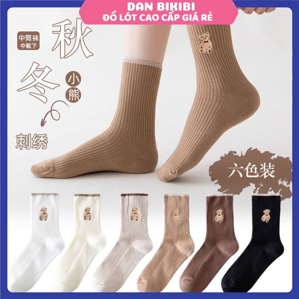 Tất dệt kim cổ cao thêu gấu Phong Cách Vintage Hàn Quốc Mẫu T15