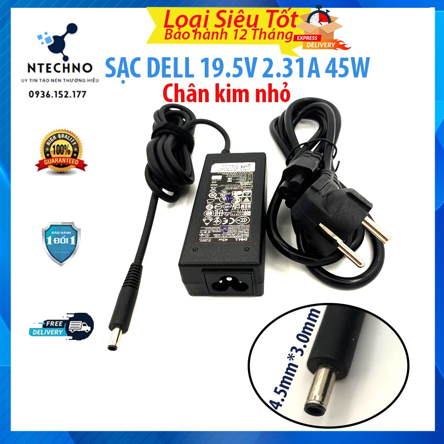 Sạc Laptop Dell 19.5V - 2.31A 45W [Zin] Chân kim nhỏ ⭐ Tặng kèm dây nguồn ⭐ Bảo hành 12 Tháng