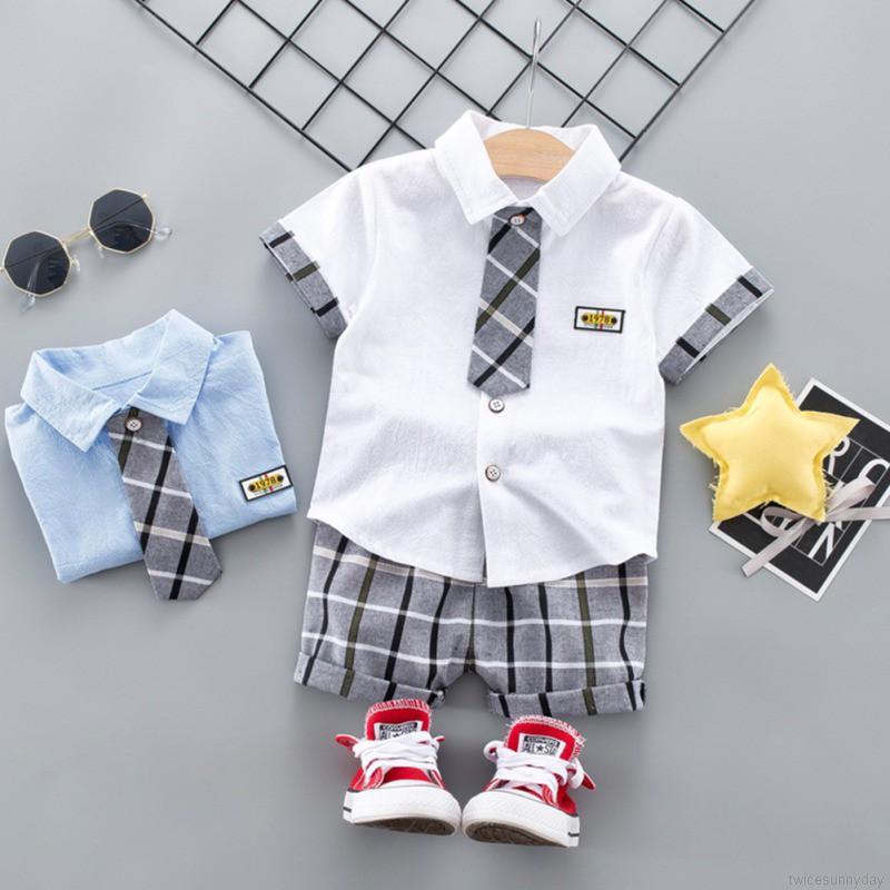 Bộ Áo Sơ Mi Phối Quần Short Họa Tiết Caro Thời Trang Cho Bé Trai