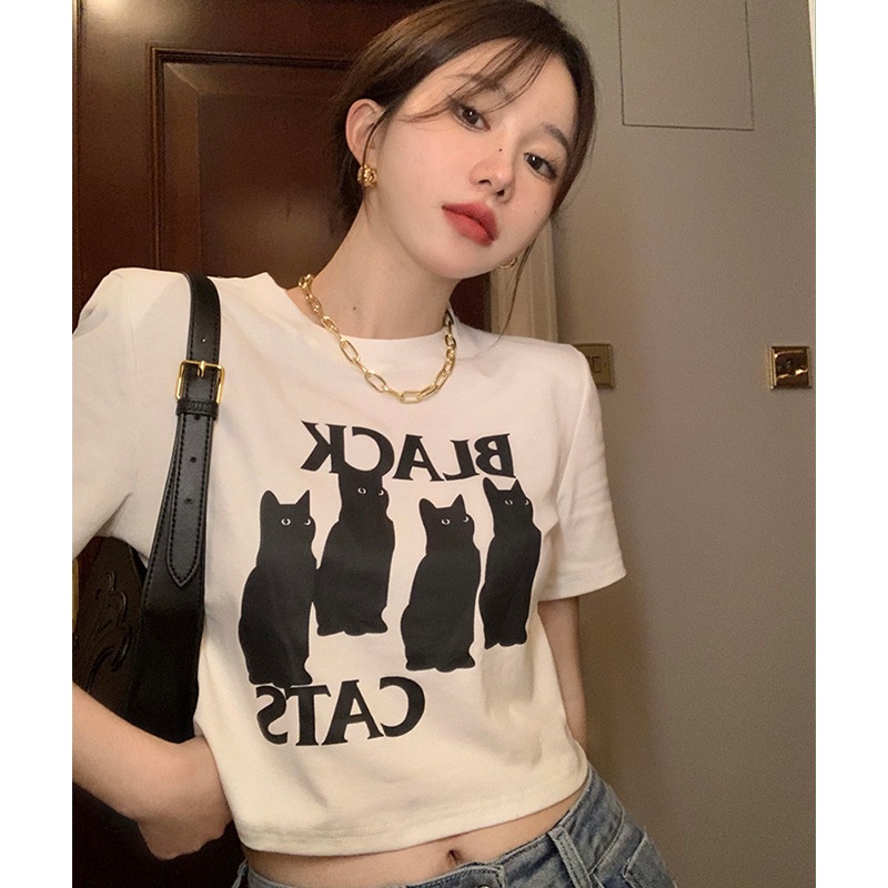 ÁO THUN CROPTOP  IN HÌNH MÈO ĐEN BLACK CAT 2 MÀU ĐƠN GIẢN CÓ FREESIZE <72KG CR221005