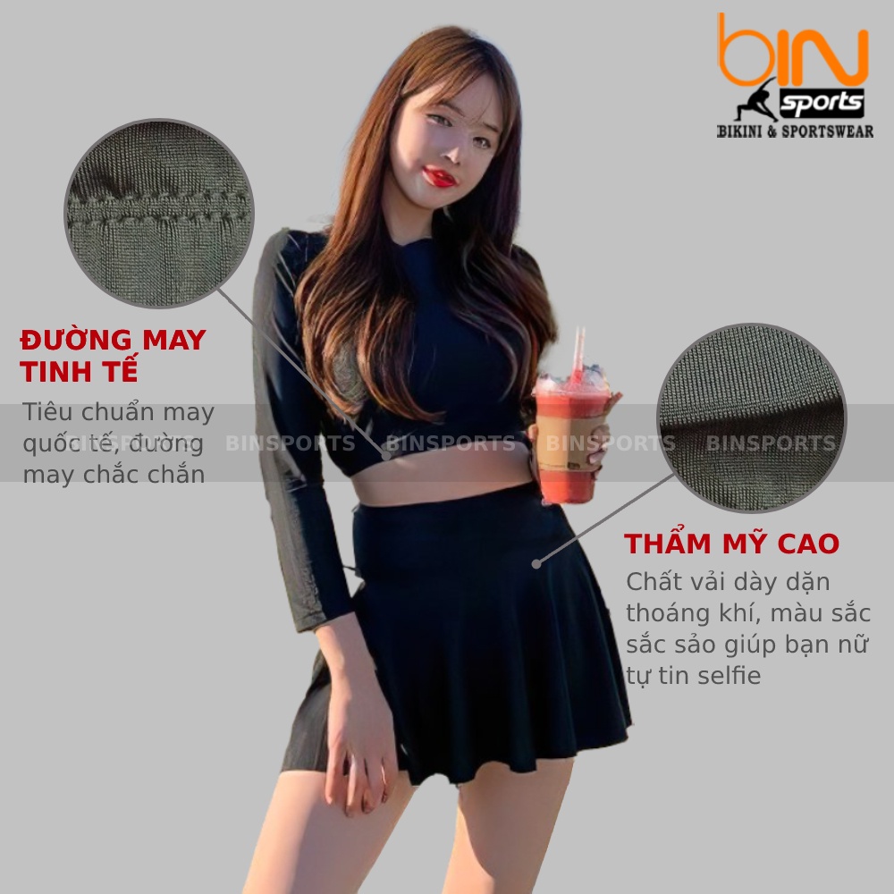 Bikini Nữ Hai Mảnh Aó Crop Dài Tay Quần Váy Có Size Dưới 60Kg Bin Sports BHV131