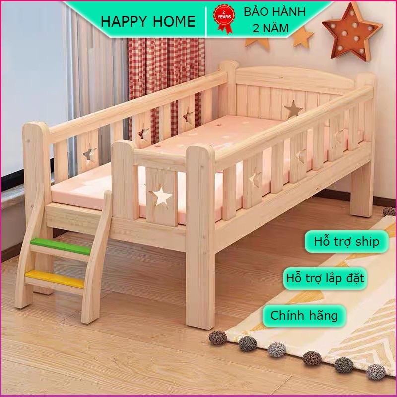 Giường gỗ thông cho bé size 150x70x40cm quây 4 mặt có bậc thang lên xuống,gỗ thông không mùi dễ lắp đặt