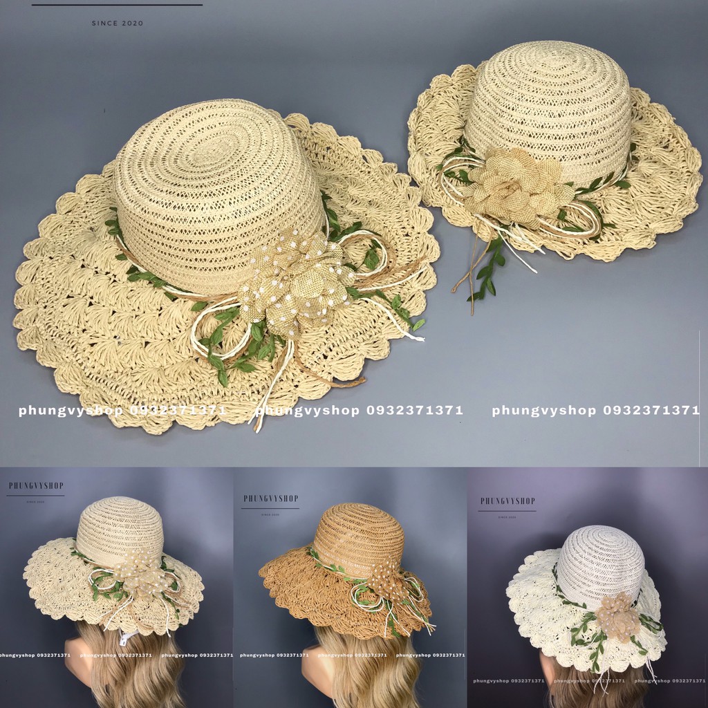 Mũ CÓI đan móc tai bèo vành mềm vành rộng đi biển phungvyshop - Bo CỐI MOCDAN HOA LÁ