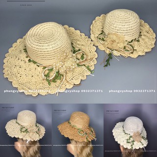 Mũ Mẹ và bé cói móc dây hoa lá-nón cặp cói đi biển
