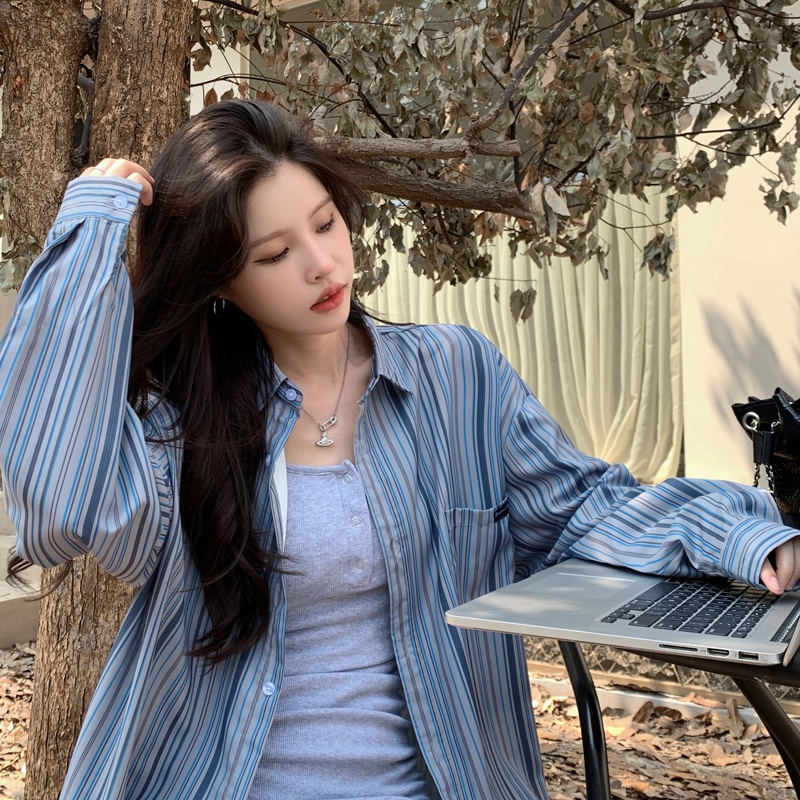 ZHELIHANGFEI Áo Sơ Mi Sọc Dọc Tay Dài Theo Phong Cách Retro Dễ Phối Đồ