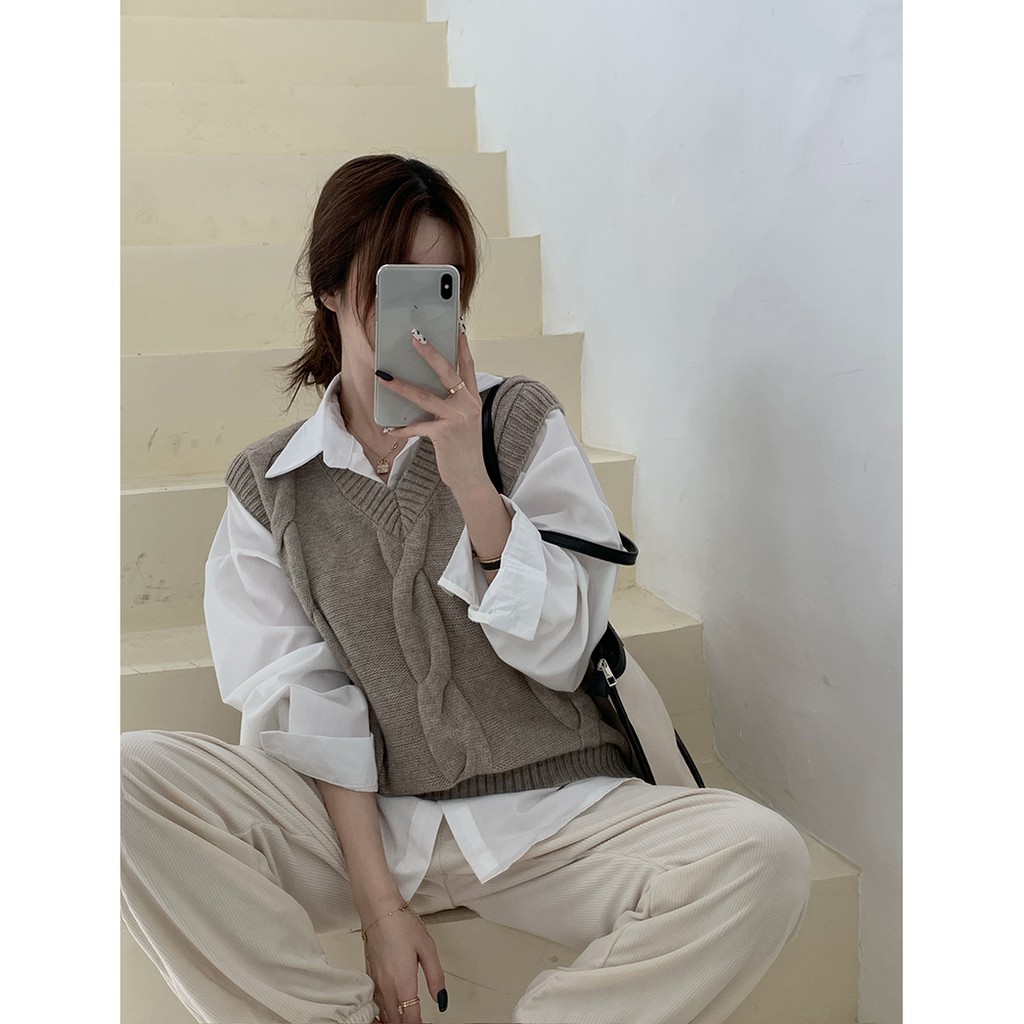 Áo sơ mi trắng dài tay / Áo khoác len không tay thời trang cho nữ | BigBuy360 - bigbuy360.vn