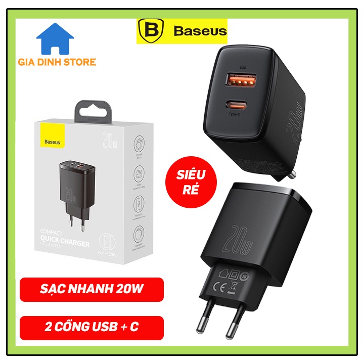 Củ sạc nhanh 20W Baseus, củ sạc iphone, tích hợp cổng USB + type C cho Iphone và Android, lỗi 1 đổi 1