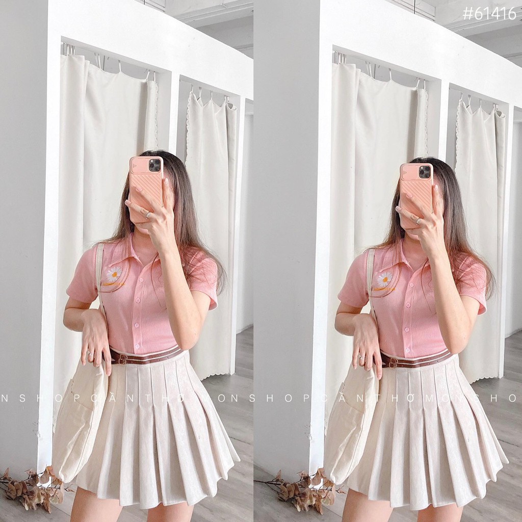 Áo croptop polo thêu hoa cúc xinh cái nút dễ thương hot cute