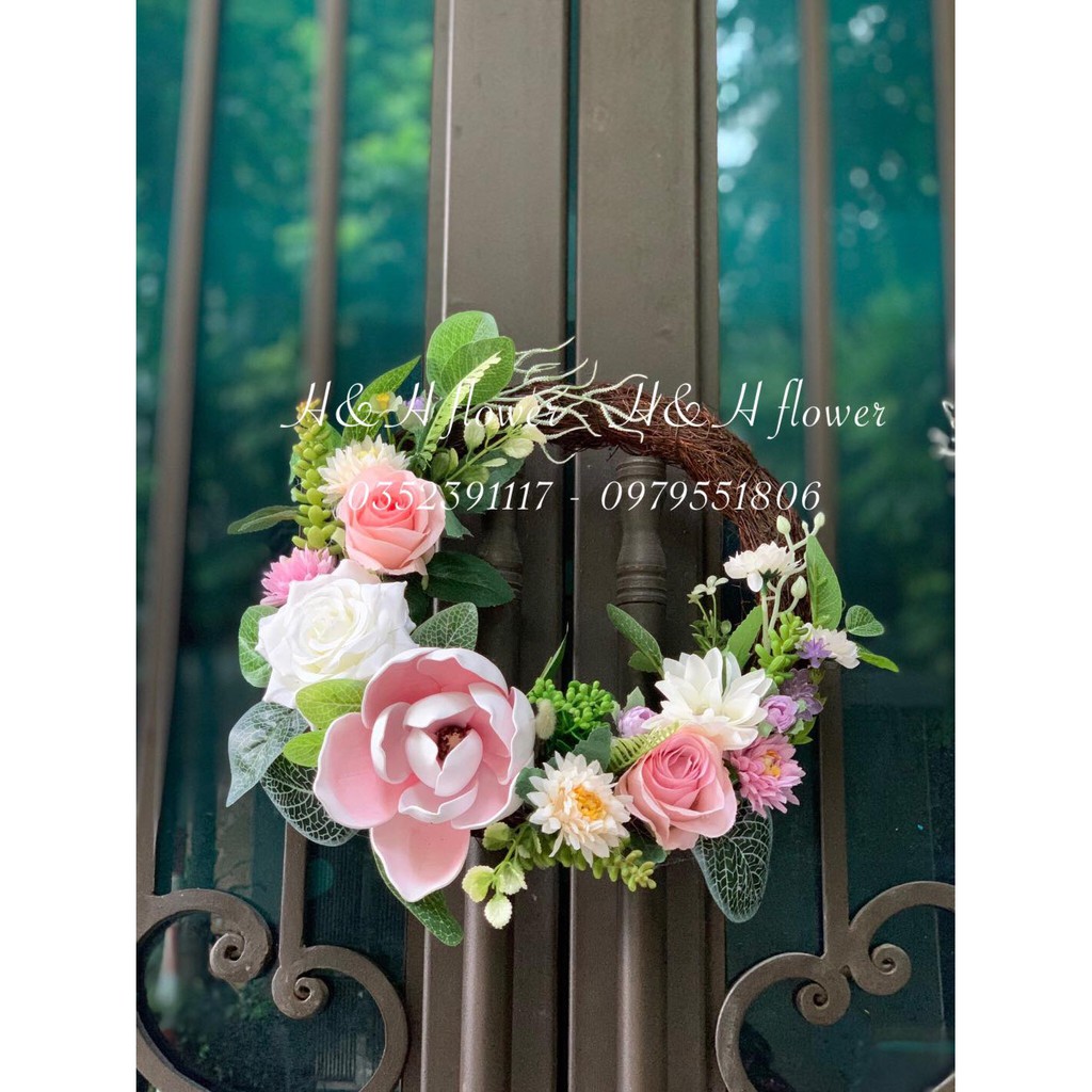 Vòng hoa nguyệt quế  , Hoa Lụa Cao Cấp ,  Decor Treo Tường , Hoa lụa Trang trí cửa