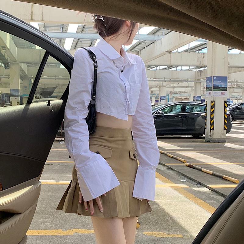 Set áo sơ mi lửng + quần Short lưng cao thời trang xuân thu 2021 dành cho nữ