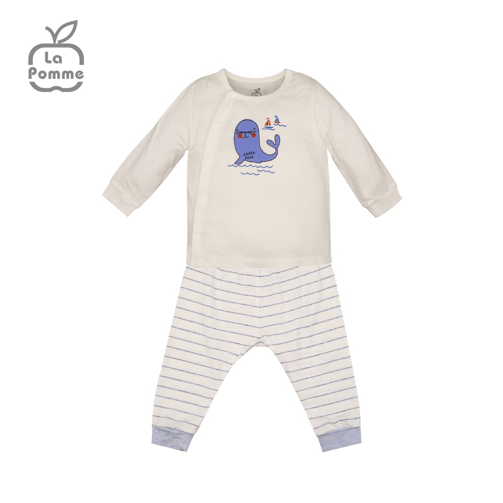 SLD185 Bộ dài tay La Pomme cúc lệch Sư tử biển - Xanh kẻ