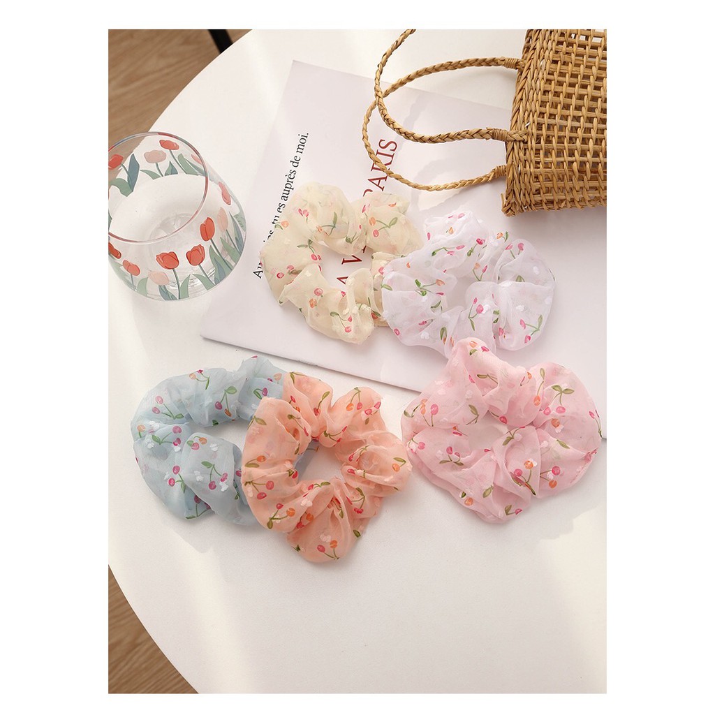 Dây buộc tóc scunchies hoạ tiết quả cherry đáng yêu