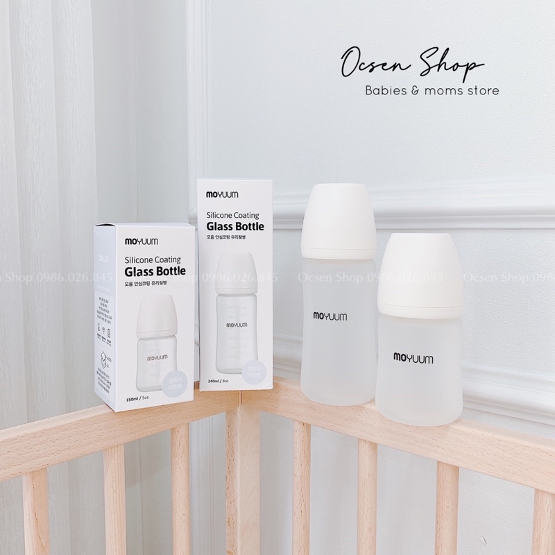 Bình sữa Moyuum Hàn Quốc 150/240ml phiên bản thuỷ tinh bọc silicone siêu nhẹ,cách nhiệt giảm nóng khi pha sữa,độ bền cao