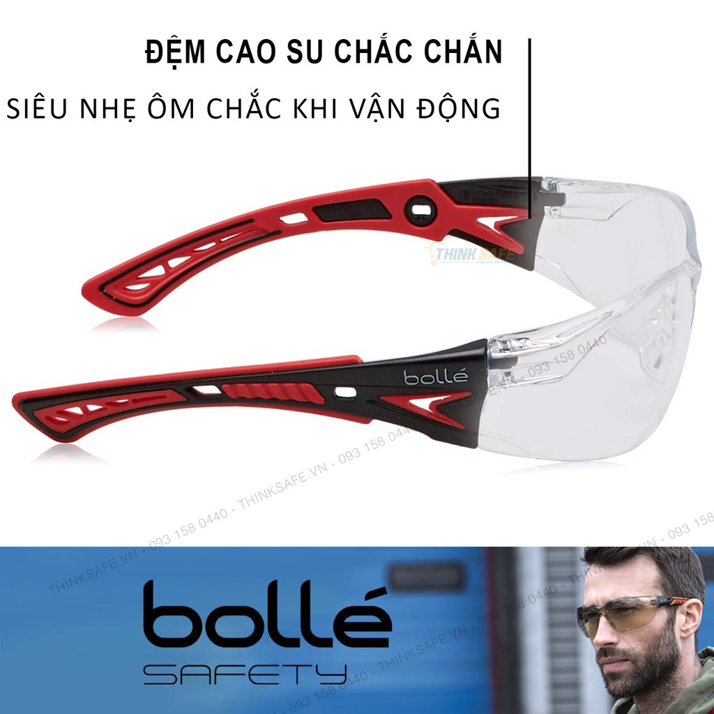 Kính bảo hộ cao cấp Bolle Thinksafe, mắt kính chắn bụi chính hãng, chống tia UV, trắng trong suốt, bền đẹp - Rush Plus