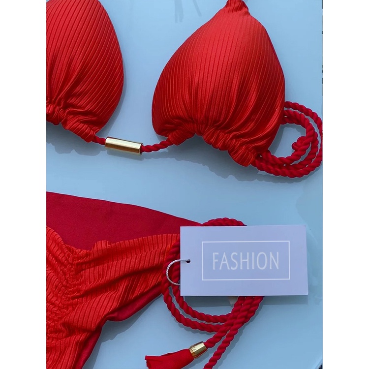 Bộ Đồ Bơi Bikini Hai Mảnh Tam Giác Màu Sắc Xanh Dương / Hồng Phối Tua Rua Gợi Cảm Cho Nữ