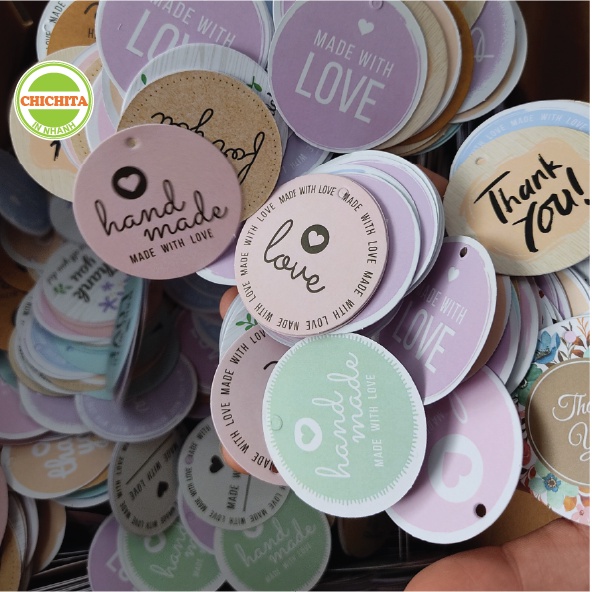 100 Tag giấy hình Tròn 5cm In tag thank you đục lỗ treo phụ kiện hàng có sẵn