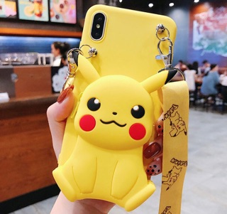 Ốp lưng iphone ON03H có dây đeo dạng ví đựng hình Pikachu và Doraemon 3D