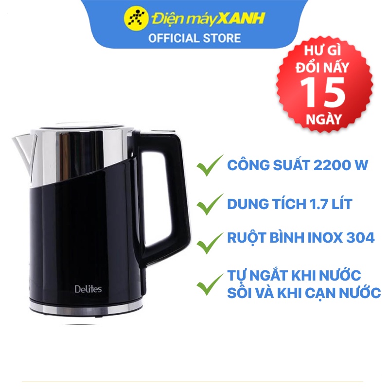 [Mã ELHADEV giảm 4% đơn 300K] Bình siêu tốc Delites 1.7 lít ST17DB01 Màu Đen