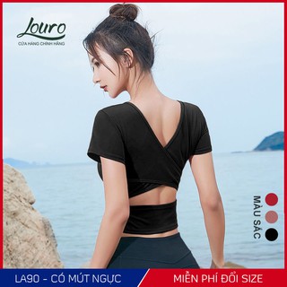 Áo tập yoga có mút ngực Louro, kiểu áo tập thể thao, gym, yoga đan chéo lưng, cổ tim cực đẹp, chất liệu co giãn - LA90M
