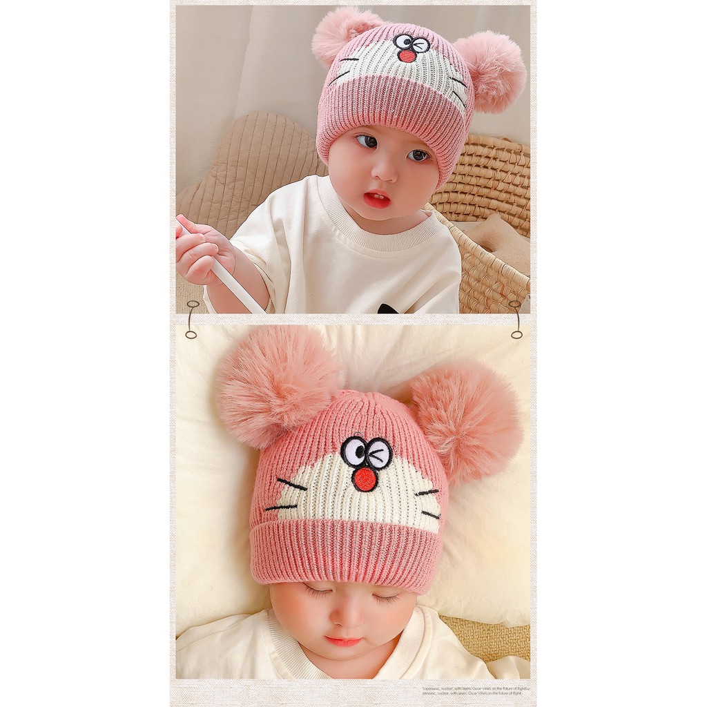 Mũ len doremon cho bé đội mùa đông có hai quả bông hình Mèo, mũ nón len đội ấm đầu cho bé trai bé gái 0-3 tuổi