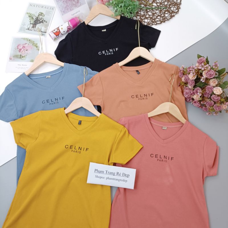 Áo thun cộc tay nữ cổ tim in 1 dòng chữ CELNIF chất cotton thái co giãn dáng ôm body AT17 - phamtrangredep shop