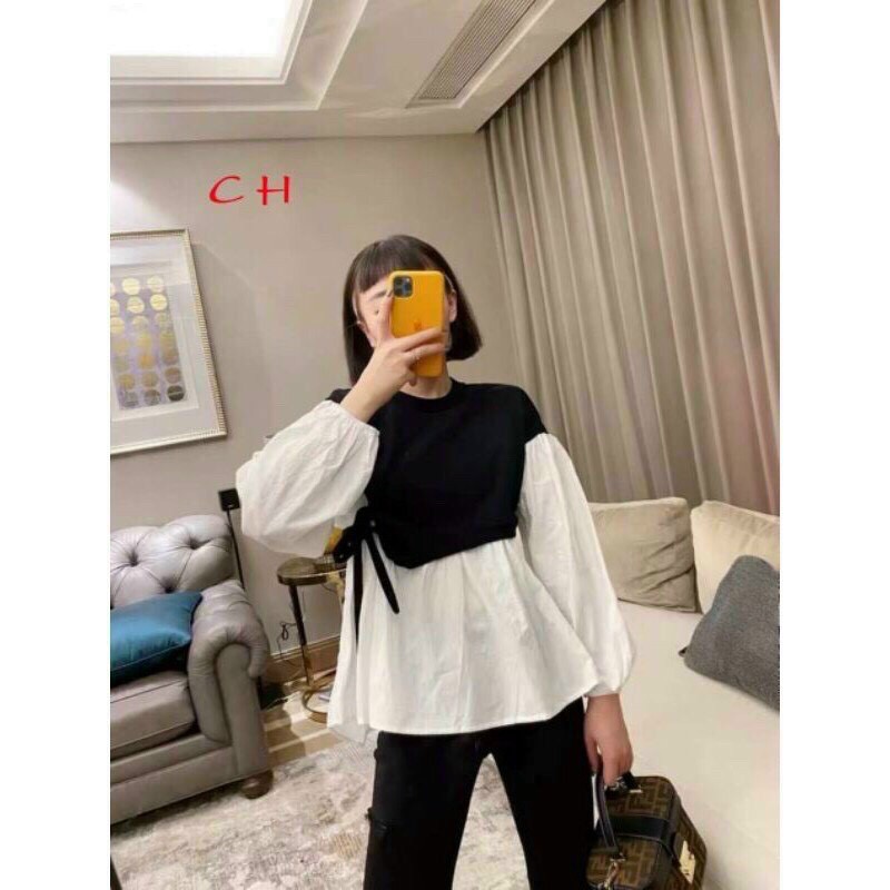 Áo babydoll tay dài trắng phối đen