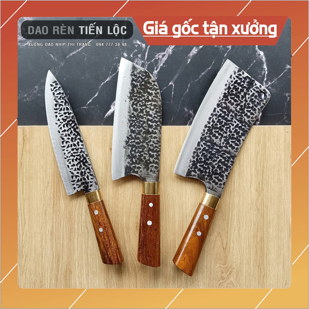 Bộ 3 Dao Nhà Bếp (Chặt - Thái - Lọc) Rèn Từ Thép Nhíp Dập Vân 2 Mặt - Cán Cẩm Chỉ Cao Cấp