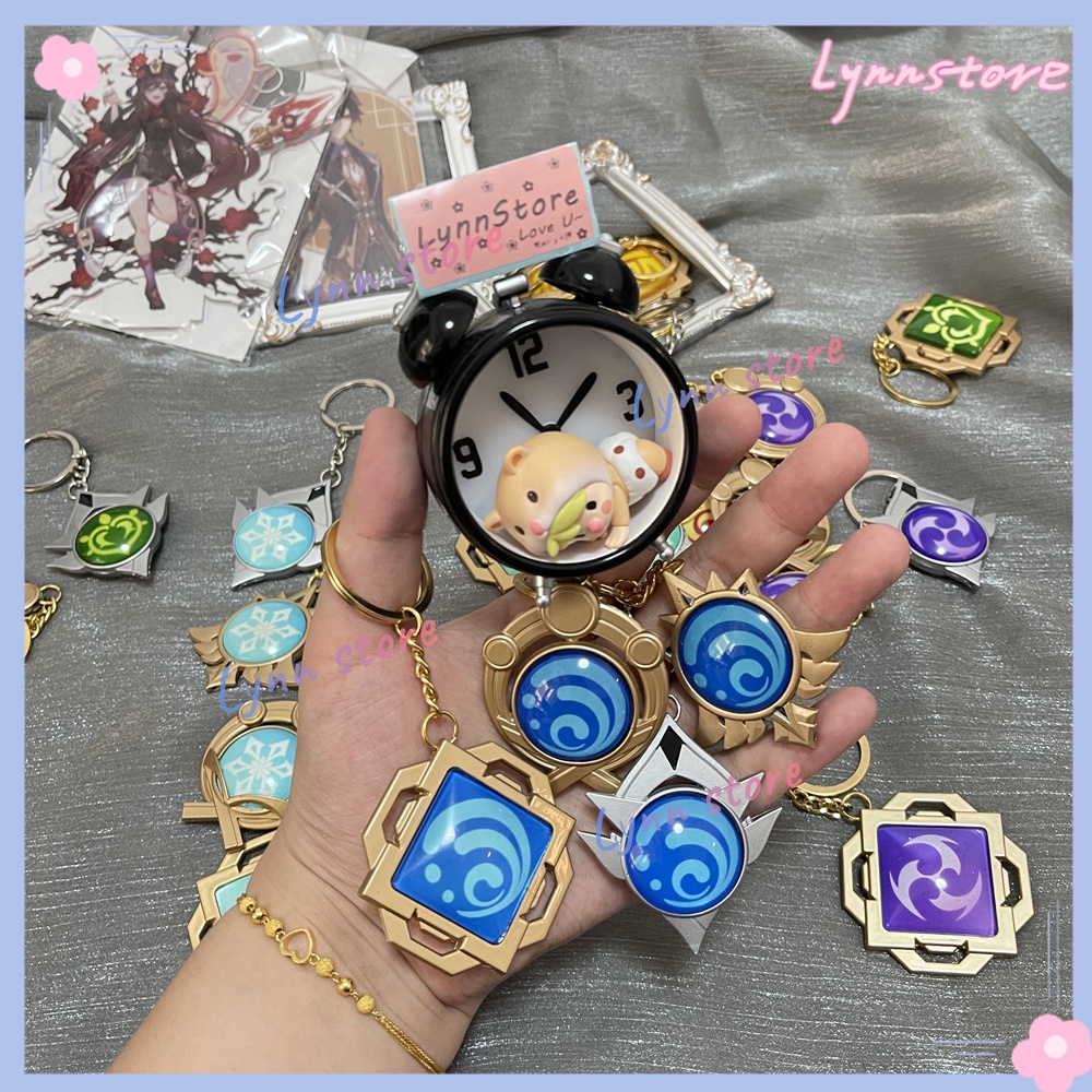 Kim loại chất lượng cao Genshin Impact Keychain hai mặt thủy tinh phát sáng Chìa khóa 7 yếu tố Vision Eye Of God Móc khóa phụ kiện thời trang