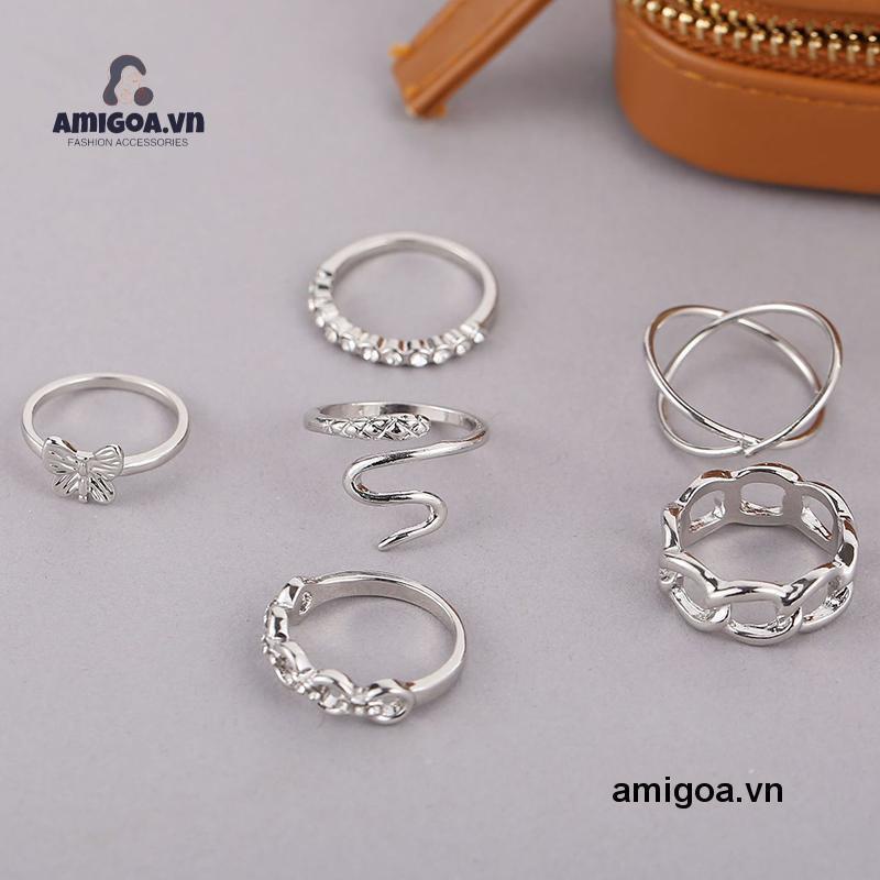Set 6 Nhẫn Đeo Tay Thiết Kế Đơn Giản Phong Cách Retro Cho Nữ