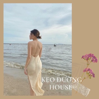Đầm maxi đi biển hở lưng 2 dây cổ yếm dáng dài chất liệu lụa satin ôm body sexy gợi cảm