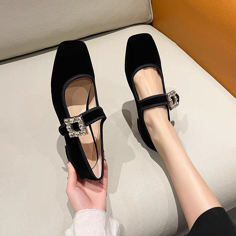 Giày búp bê cho nữ khuy đá mũi vuông đế cao 4cm