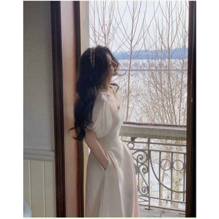 đầm midi trắng tay voan