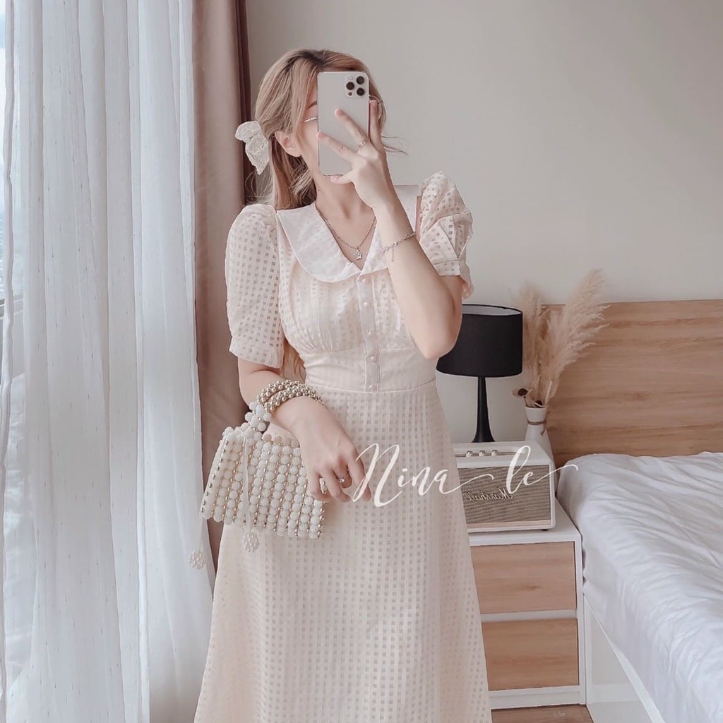Váy Cổ Bèo Tay Bồng Cúc Ngọc Kẻ Ô Tôn Dáng Tiểu Thư Cực Kỳ Duyên Dáng Xinh Xắn