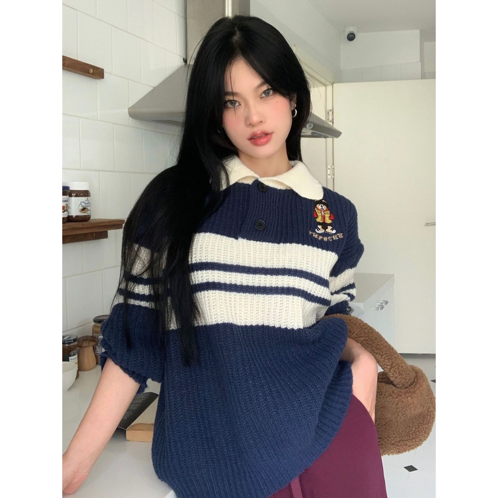 Áo sweater ZHELIHANGFEI dệt kim tay dài dáng rộng thêu họa tiết gấu hoạt hình dễ phối đồ thời trang xinh xắn