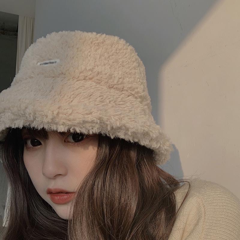 Mũ lông cừu, mũ bucket lông cừu màu trắng be đen nâu phong cách Hàn Quốc