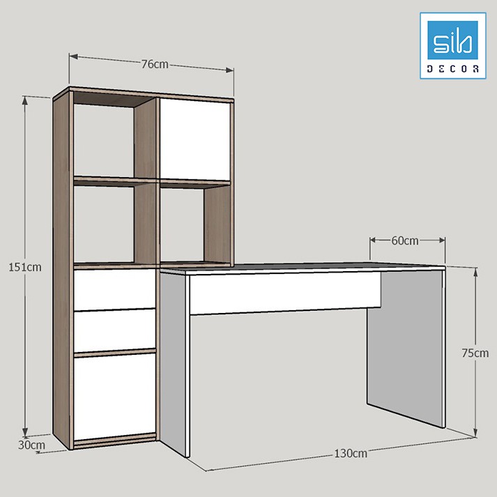 Bộ Bàn Làm Việc Và Giá Sách Hiện Đại SIB Decor Màu Trắng Kết Hợp Vân Gỗ Sồi, Bàn Có Khả Năng Cơ Động 90 Độ