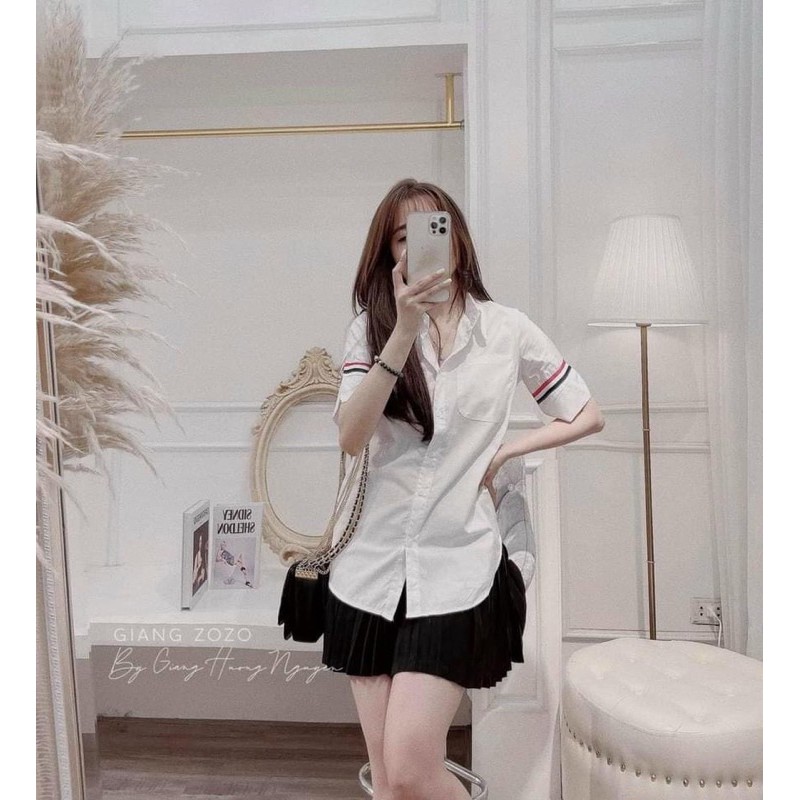 [Mã WASKT410K giảm 10K đơn 50K] ANU188 - ÁO SƠ MI NỮ TRẮNG ĐŨI CỘC TAY KẺ ĐỎ