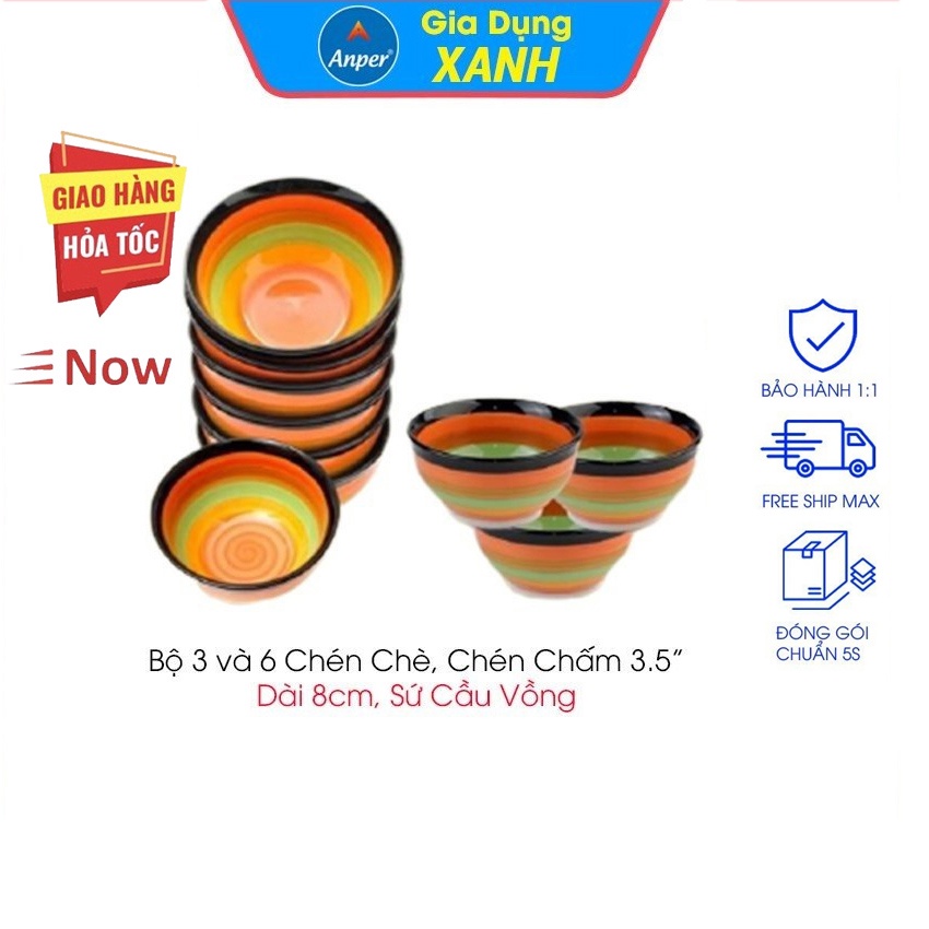 Combo 6 chén ăn cơm 3 bát ăn cơm sứ ngấn 11.5 Cm sứ cầu vồng Anper hiện đại an toàn sang trọng
