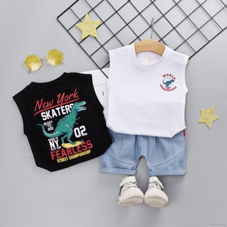 Bộ áo sát nách in họa tiết khủng long + quần short denim cho bé trai